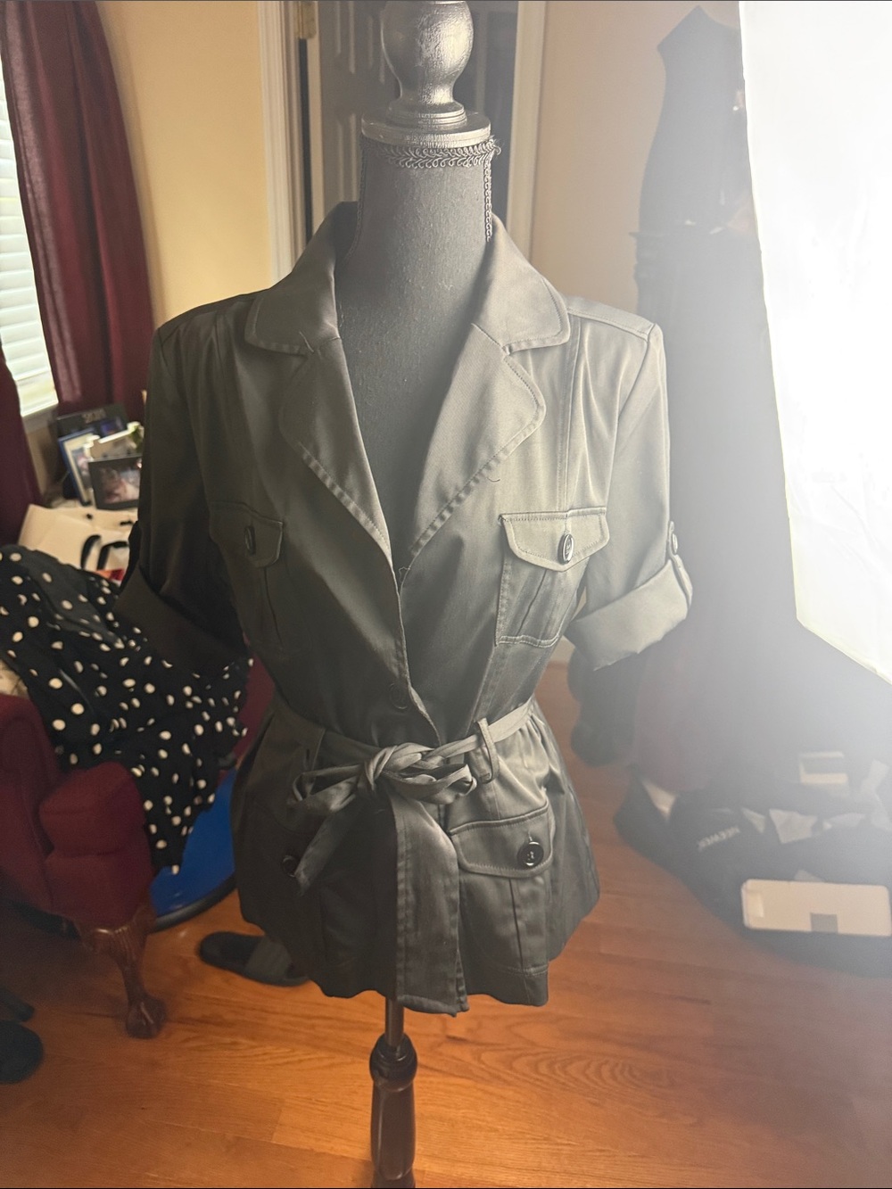 Dress Barn Olive Utility Jacket with Tie Waist